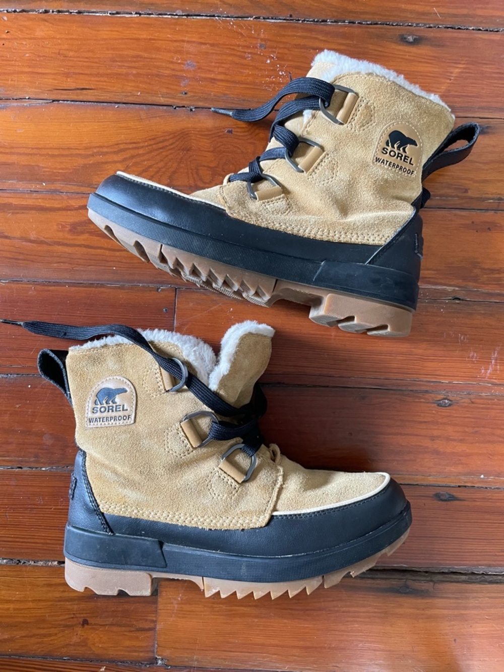 Sorel Tan and Black Waterproof Winter Boots with Faux Fur Collar